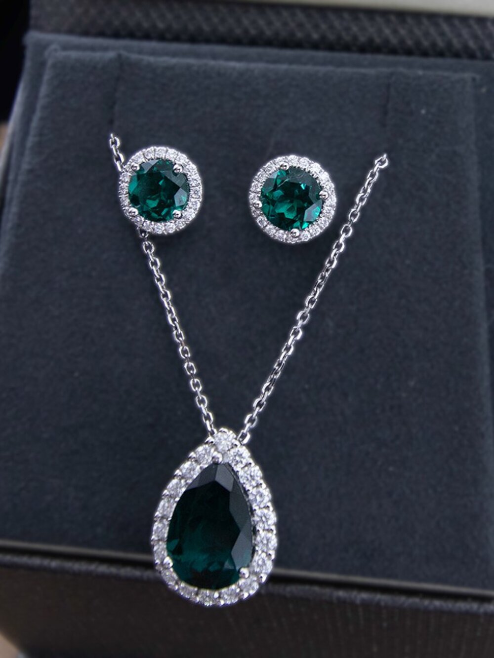 Large Emerald Diamond Pendant and Matching Earrings Set XLT 14kt White Gold